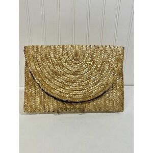 Shiraleah Straw Envelope Clutch Purse W/ Black Trim. Leopard Lining Snap Closure